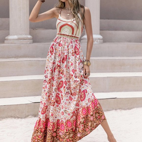 Boho Shabby Chic Multicolor Preppy Womens Maxi Dress - Picture 2 of 5